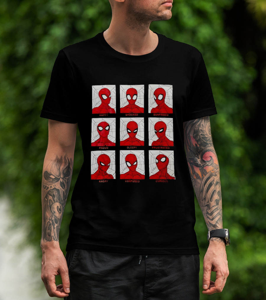 Spider Man Emotional States Happy Shocked Surprised Proud Sleepy Frustrated Angry Confused Curious T-Shirt