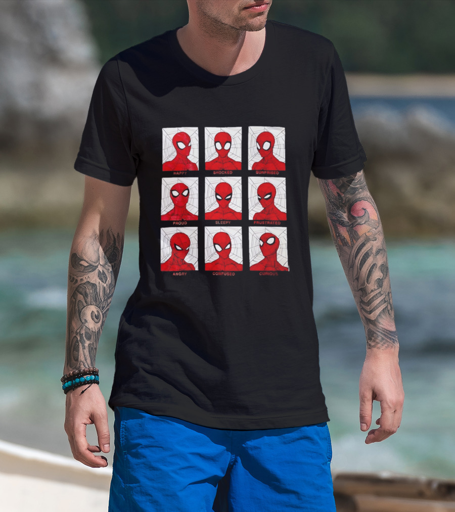 Spider Man Emotional States Happy Shocked Surprised Proud Sleepy Frustrated Angry Confused Curious T-Shirt
