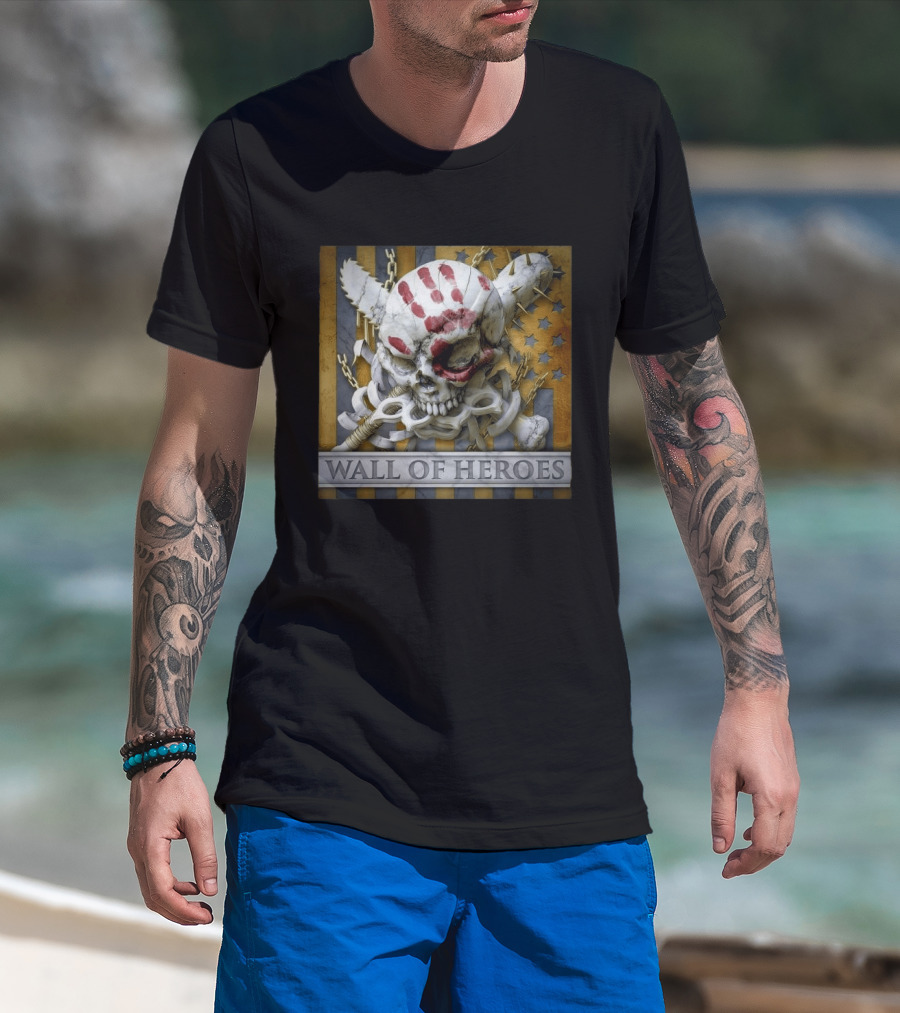 Five Finger Death Punch Wall Of Heroes Skull And Mace Chains Stars T-Shirt