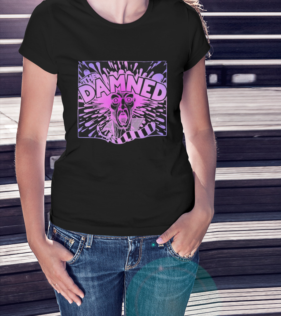 THE DAMNED Horror Face Neon Splatter Purple Black T-Shirt