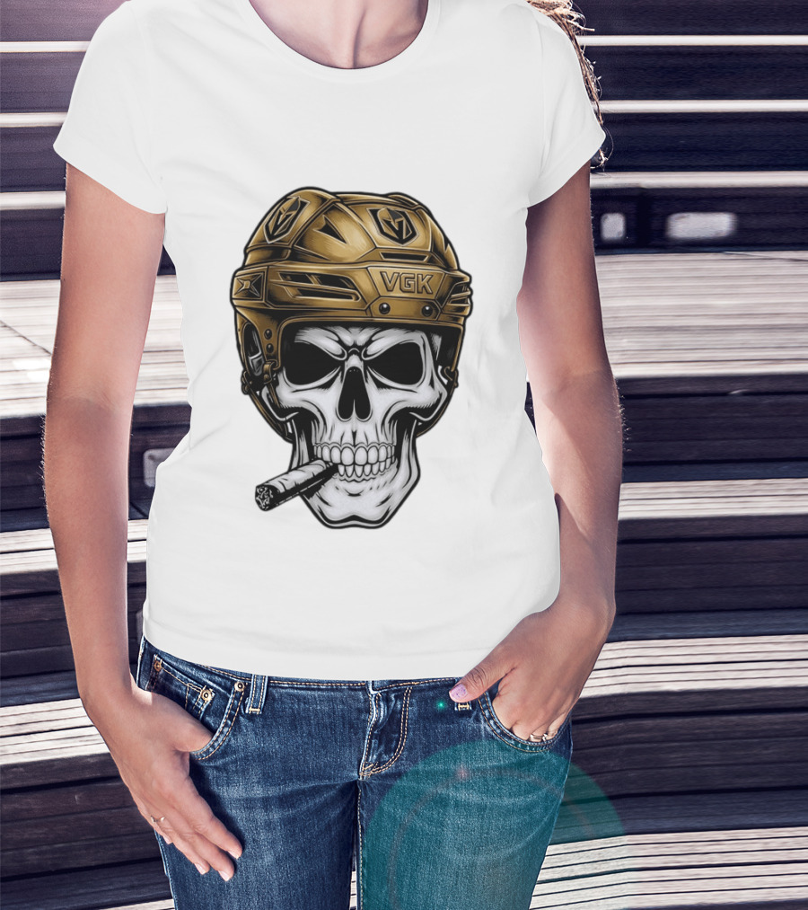 VGK Skull Helmet Vegas Golden Knights Smoking Cigar T-Shirt
