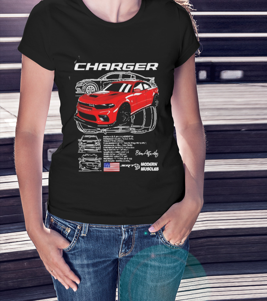 Dodge Charger Hellcat Red Modern Muscles Blueprint USA Flag T-Shirt