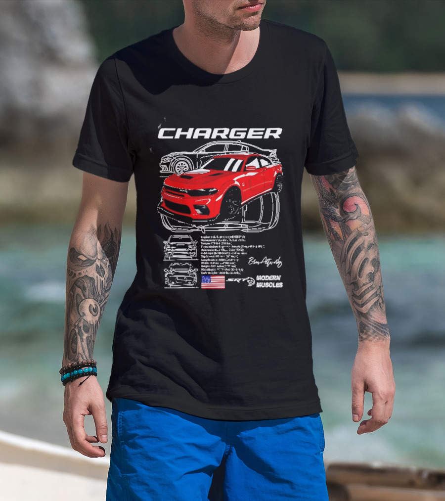 Dodge Charger Hellcat Red Modern Muscles Blueprint USA Flag T-Shirt