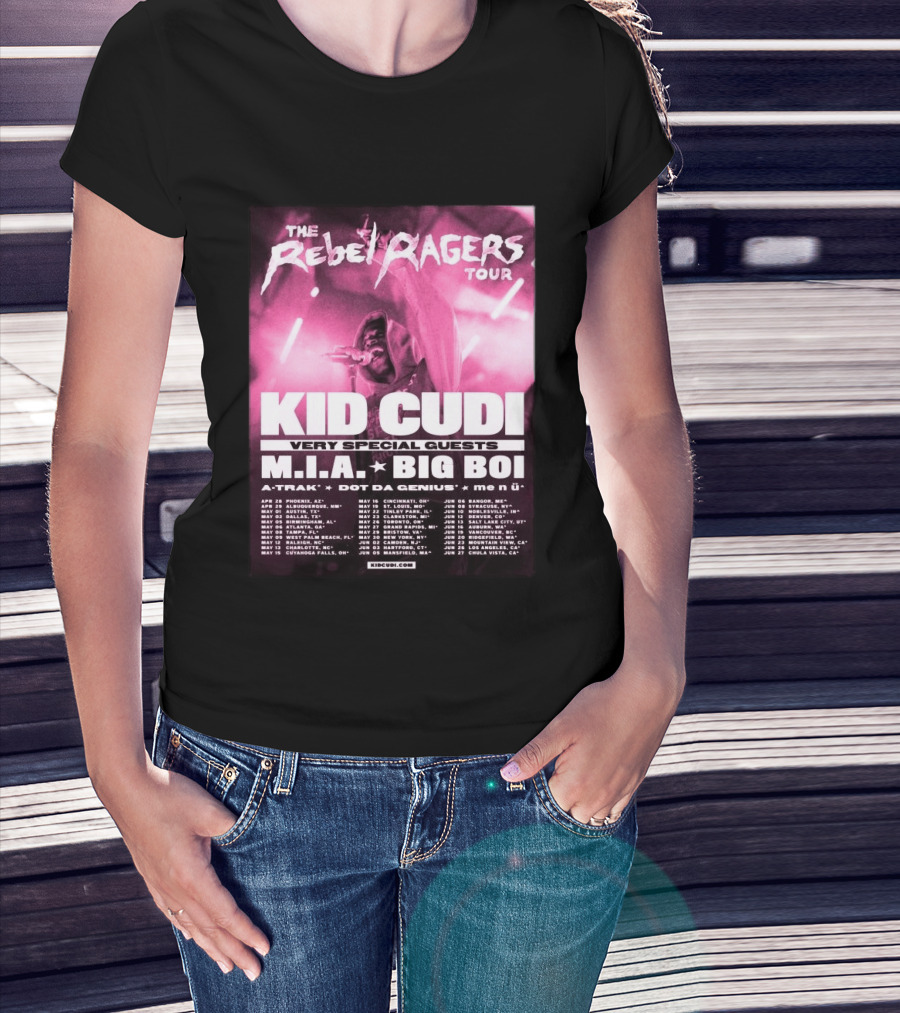 The Rebel Ragers Tour Kid Cudi 2026 Featuring M.I.A. Big Boi A Trak Dot Da Genius Tour Dates T-Shirt