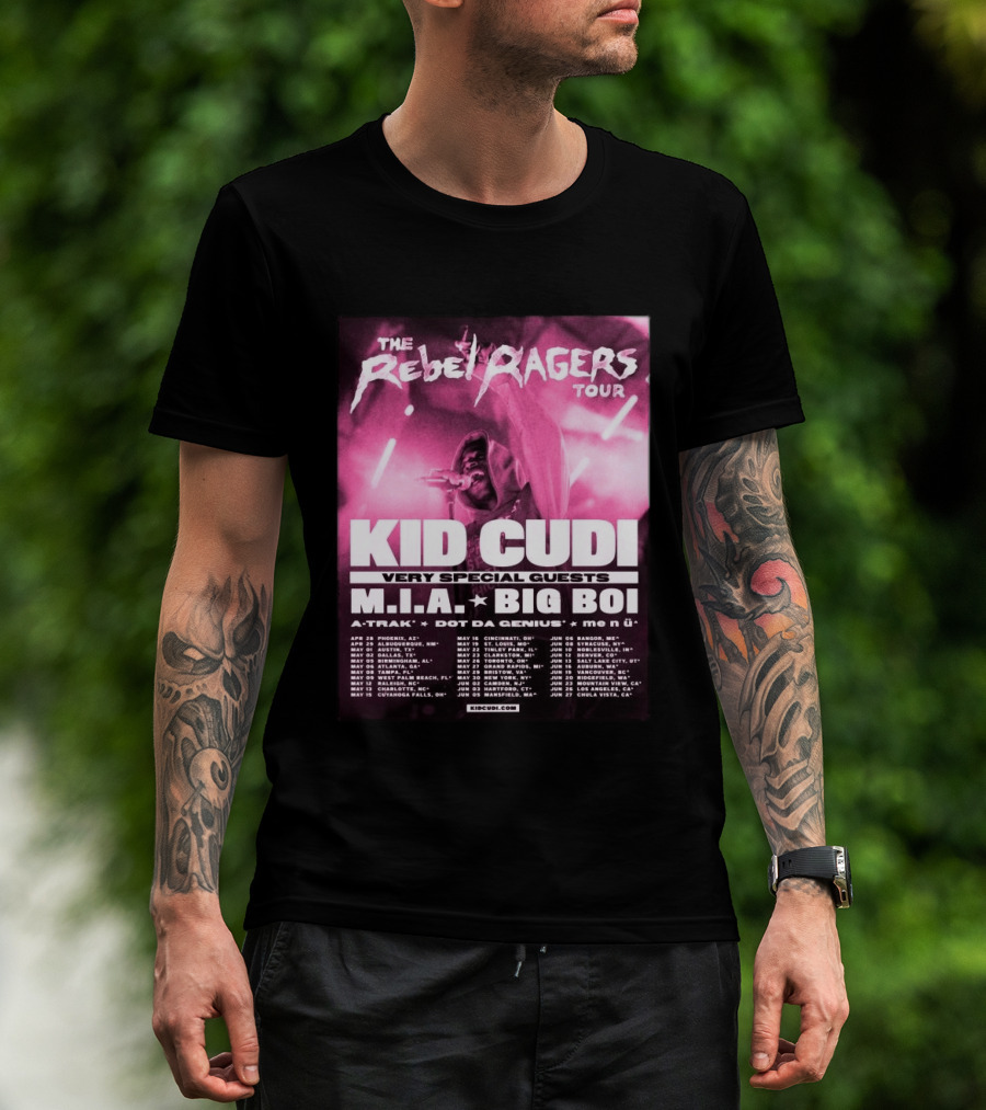 The Rebel Ragers Tour Kid Cudi 2026 Featuring M.I.A. Big Boi A Trak Dot Da Genius Tour Dates T-Shirt