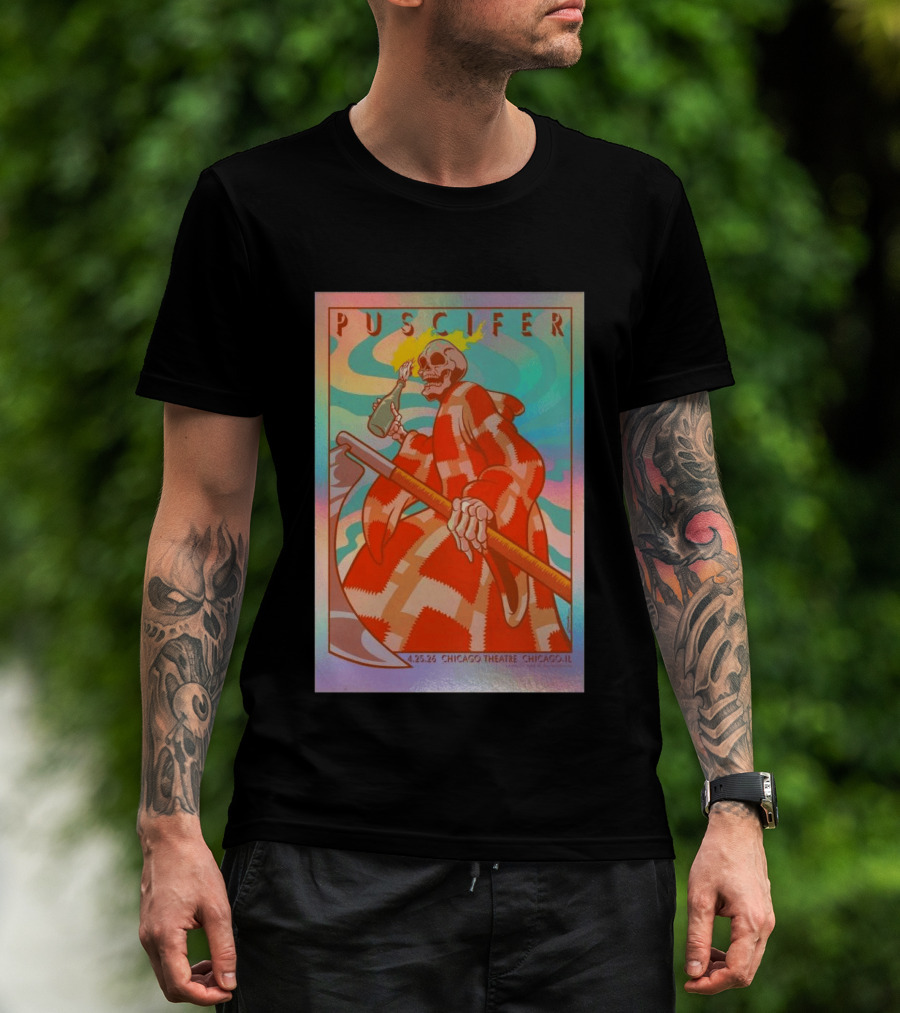 Puscifer 4.25.26 Chicago Theatre IL Skeleton Robe Checkerboard Psychedelic T-Shirt