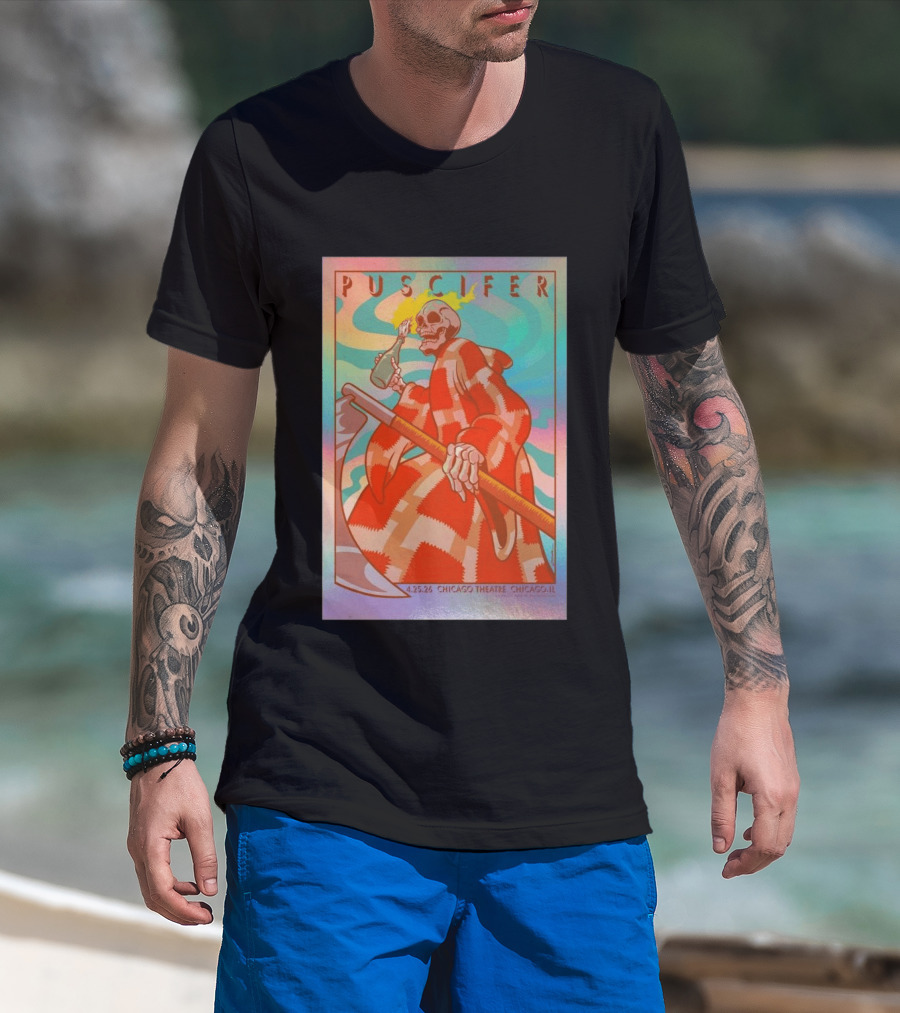 Puscifer 4.25.26 Chicago Theatre IL Skeleton Robe Checkerboard Psychedelic T-Shirt
