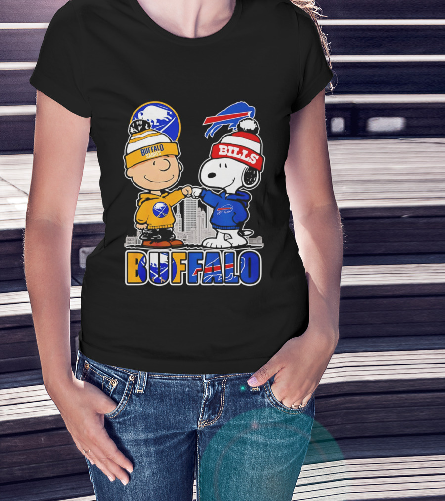 Buffalo Sabres Bills Snoopy City Skyline Collaboration With Charlie Brown T-Shirt