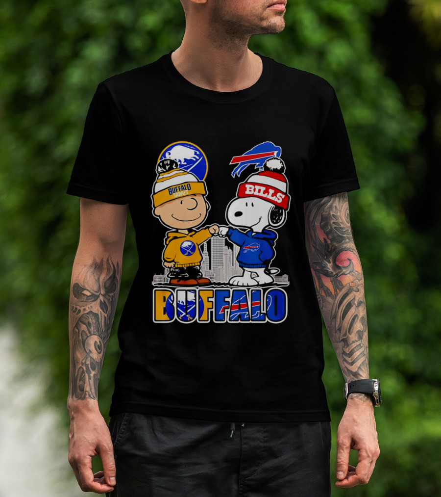 Buffalo Sabres Bills Snoopy City Skyline Collaboration With Charlie Brown T-Shirt