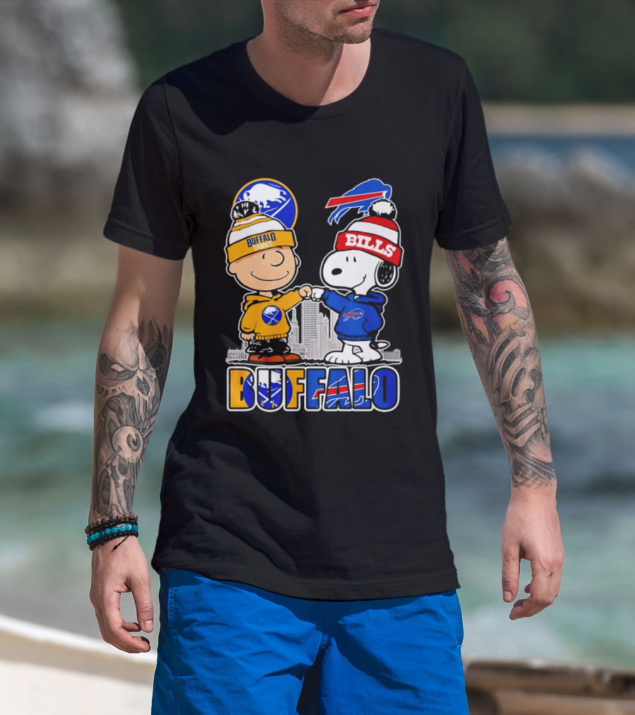 Buffalo Sabres Bills Snoopy City Skyline Collaboration With Charlie Brown T-Shirt