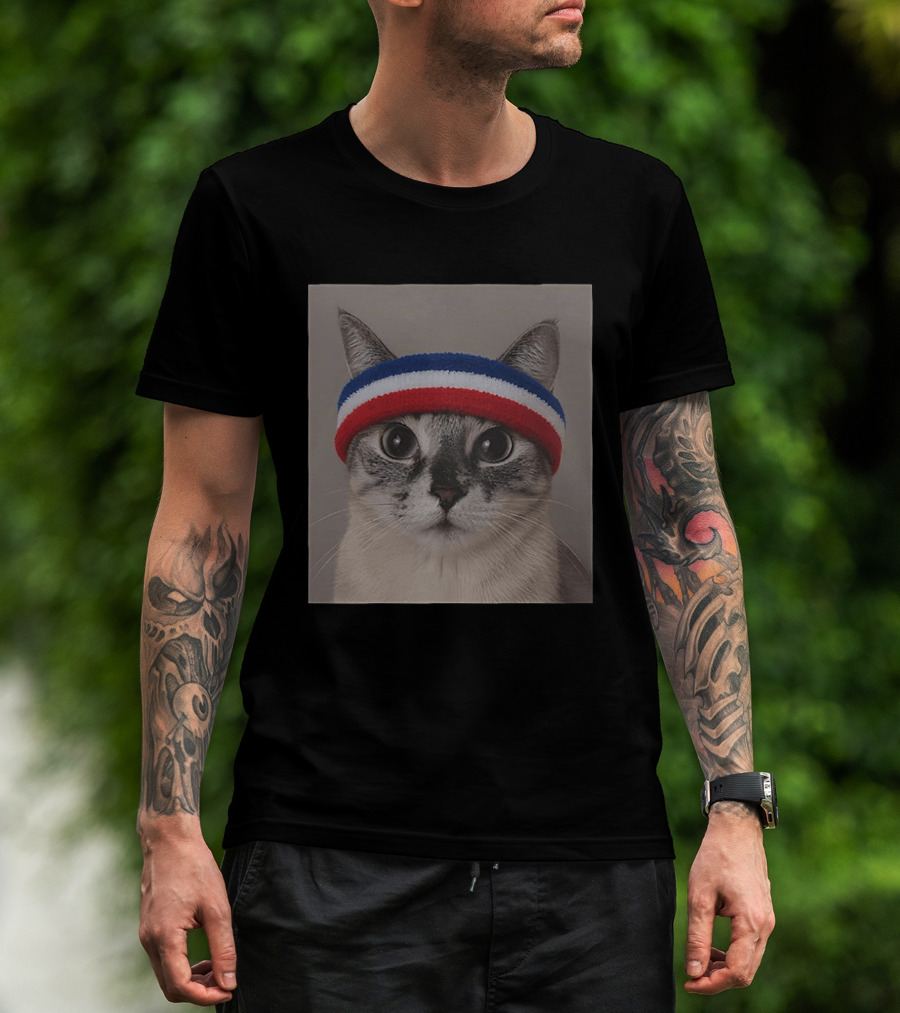Cat Wearing Red White Blue Terry Headband T-Shirt