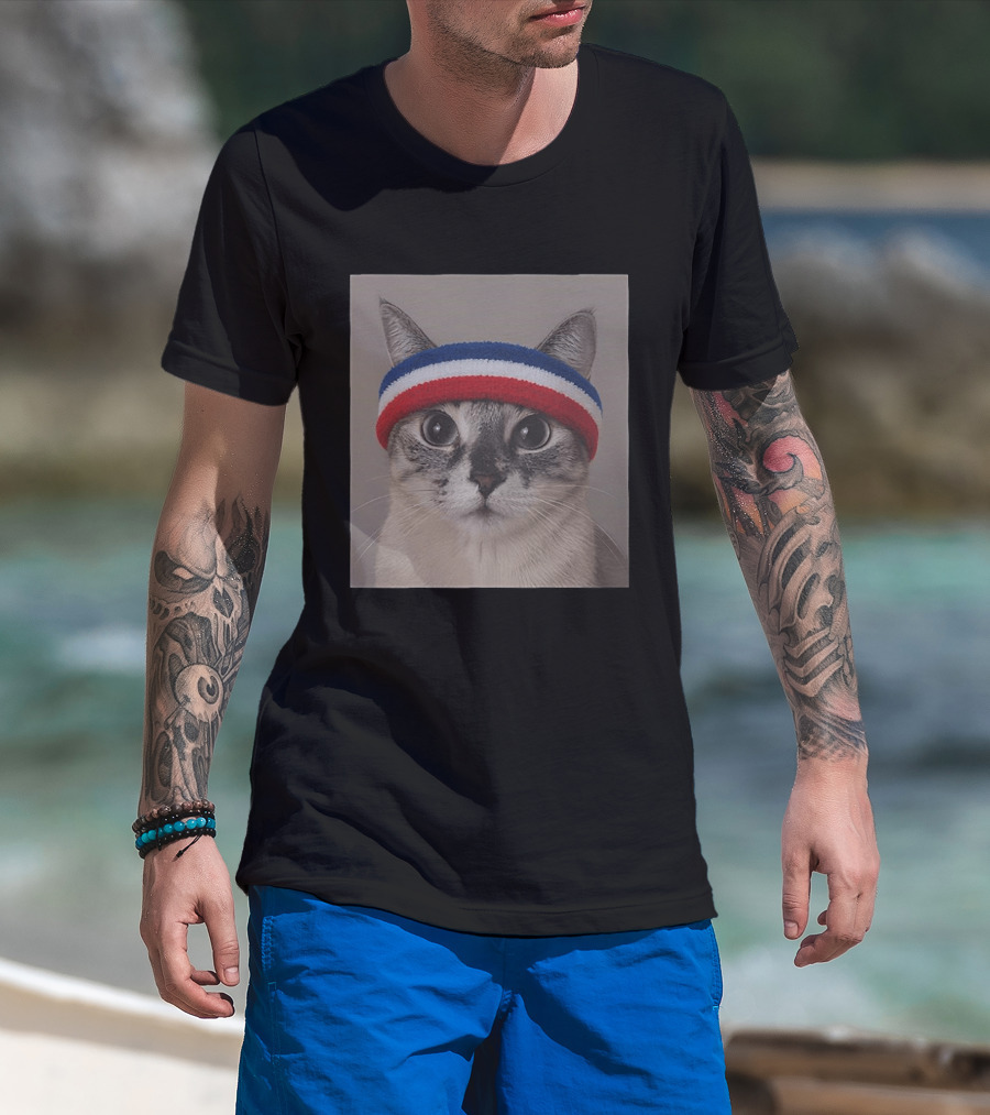 Cat Wearing Red White Blue Terry Headband T-Shirt