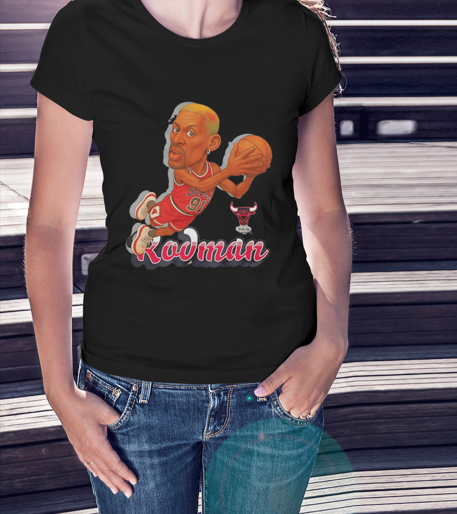 Dennis Rodman Chicago Bulls 91 Fickett Classics Windy City Cartoon T-Shirt