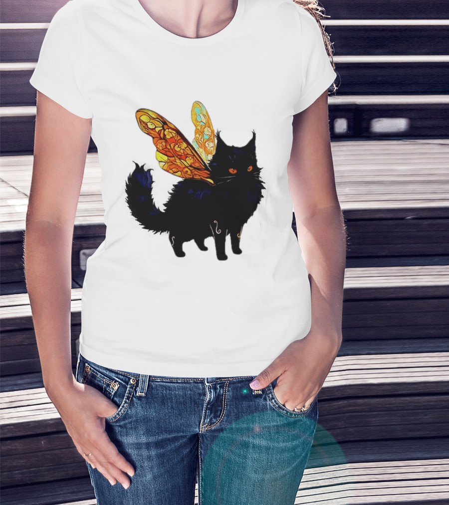 Black Cat With Colorful Fairy Wings Fantastical T-Shirt
