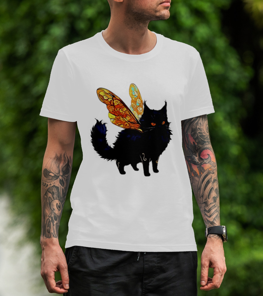 Black Cat With Colorful Fairy Wings Fantastical T-Shirt
