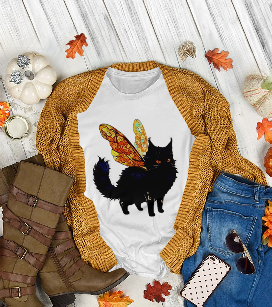 Black Cat with Colorful Fairy Wings Fantastical T-Shirt
