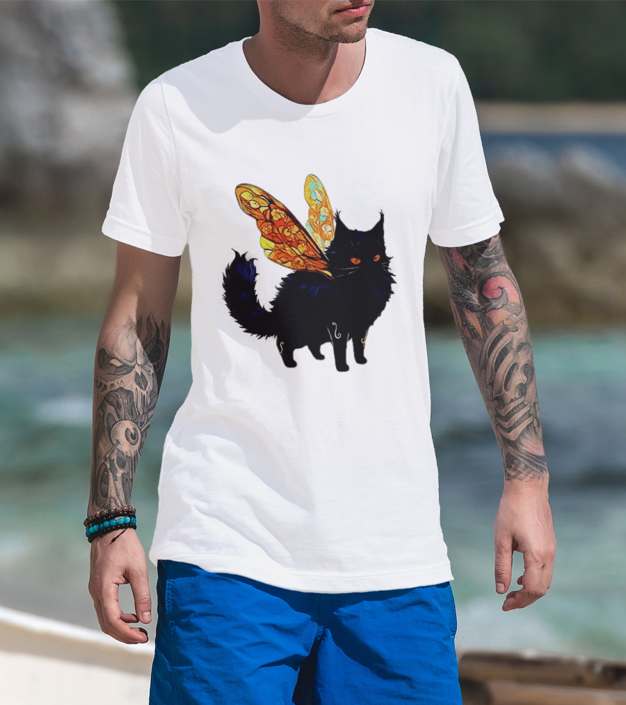 Black Cat With Colorful Fairy Wings Fantastical T-Shirt