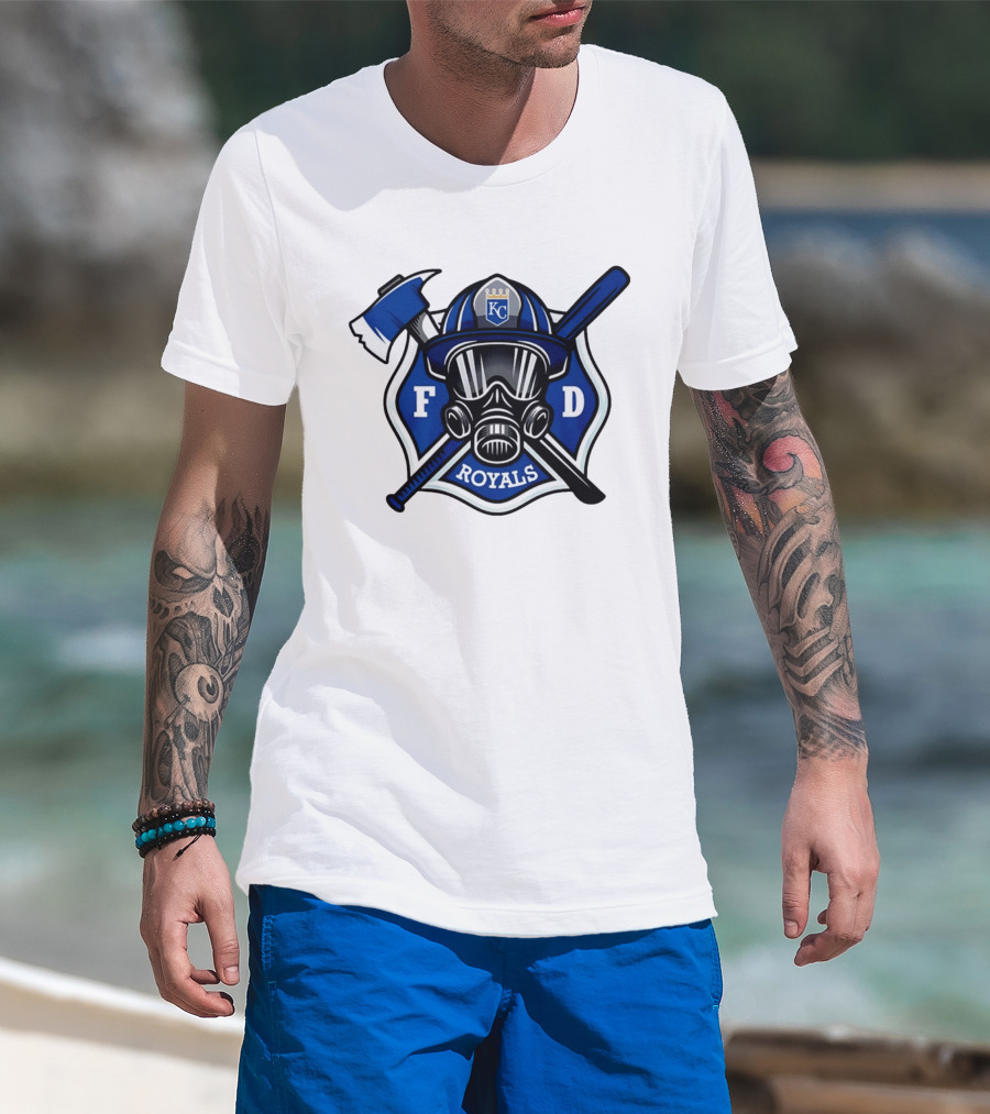 Kansas City Royals Firefighter FD Helmet Gas Mask Axe Bat T-Shirt