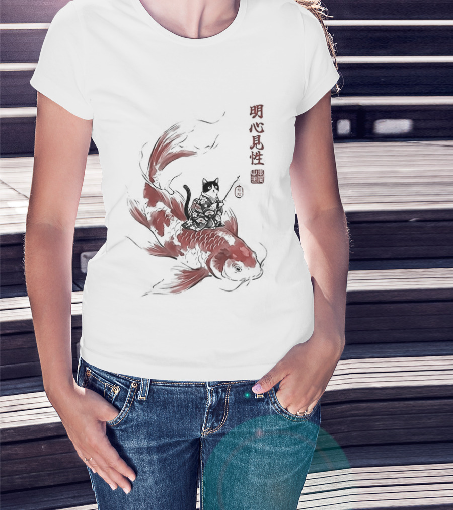 Kimono Cat Riding Koi Fish Classical Japanese T-Shirt