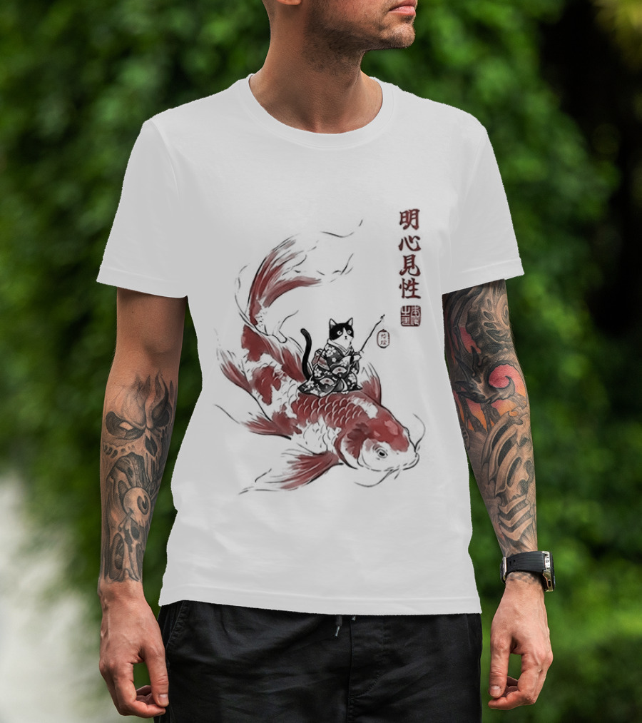 Kimono Cat Riding Koi Fish Classical Japanese T-Shirt