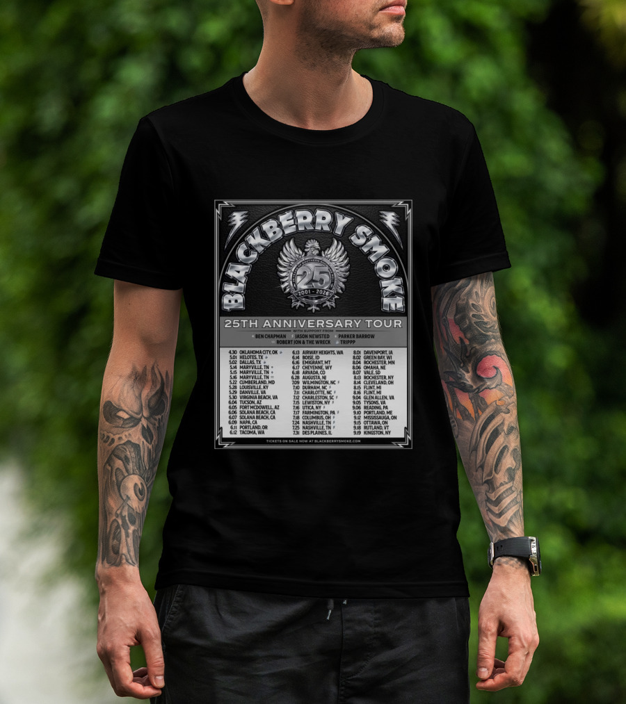 Blackberry Smoke 25th Anniversary Tour 2024 With Ben Chapman And Jason Newsted Featuring Parker Barrow And Robert Jon & The Wreck T-Shirt