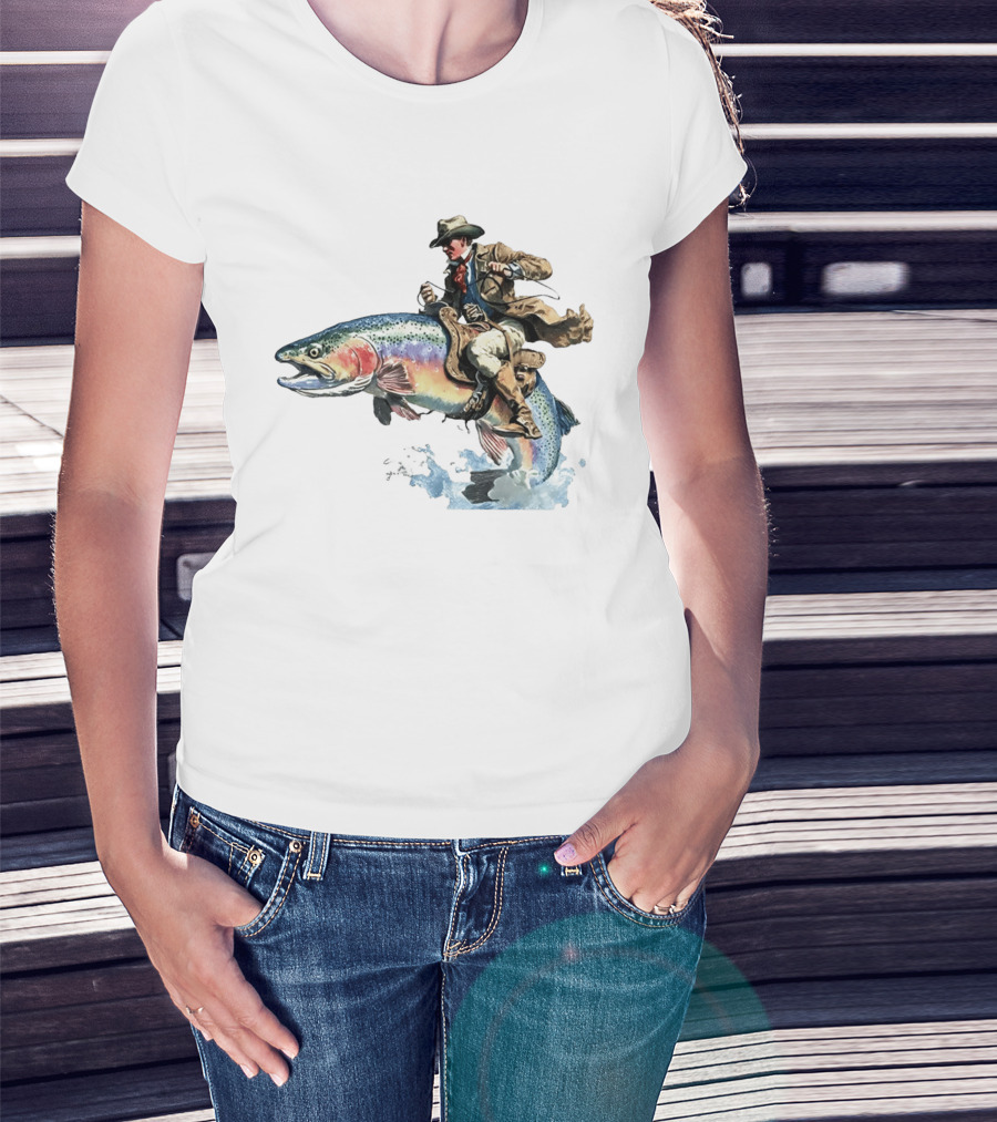 Cowboy Riding Rainbow Trout Adventure Scene T-Shirt
