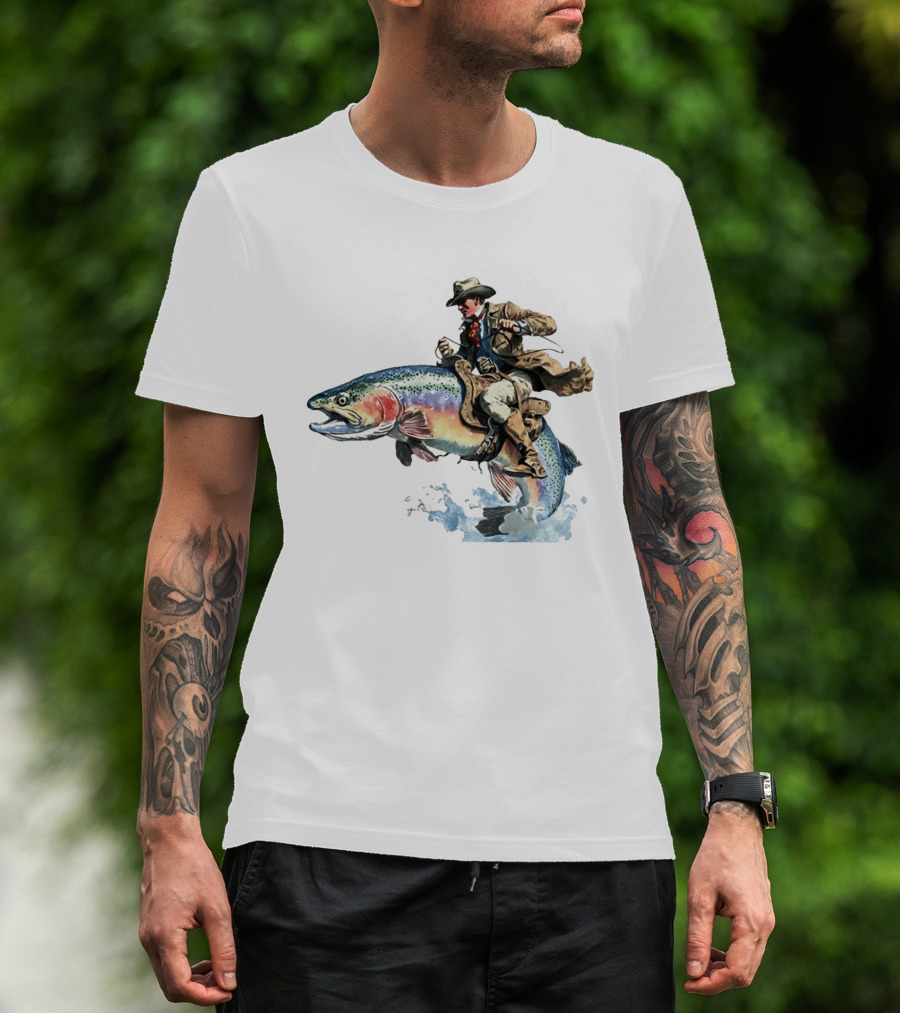 Cowboy Riding Rainbow Trout Adventure Scene T-Shirt
