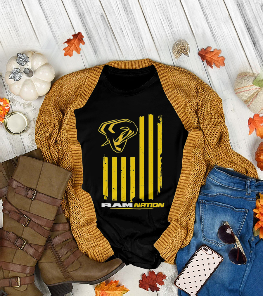 Ram Nation USA Flag Yellow Ram Head Stripes T-Shirt