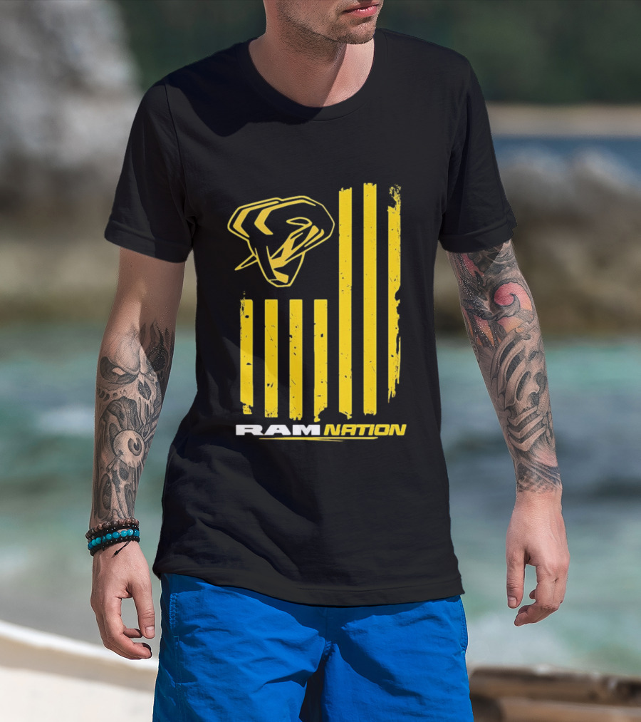 Ram Nation USA Flag Yellow Ram Head Stripes T-Shirt