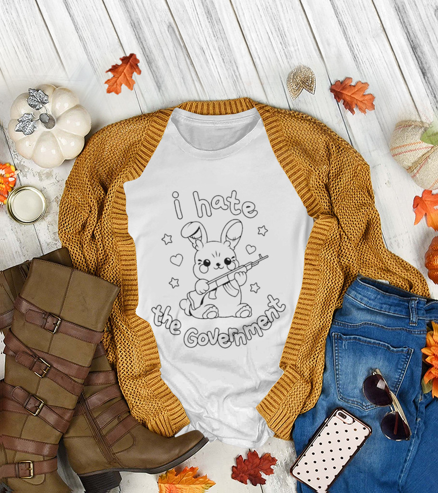 Rabbit I Hate The Government Cute Kawaii Style with Stars and Hearts T-Shirt