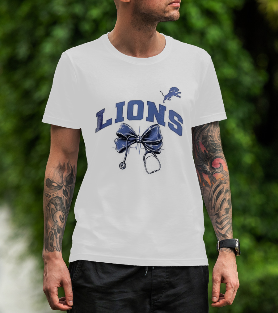 Detroit Lions Nurse By Heart By Soul With Stethoscope And Bow T-Shirt