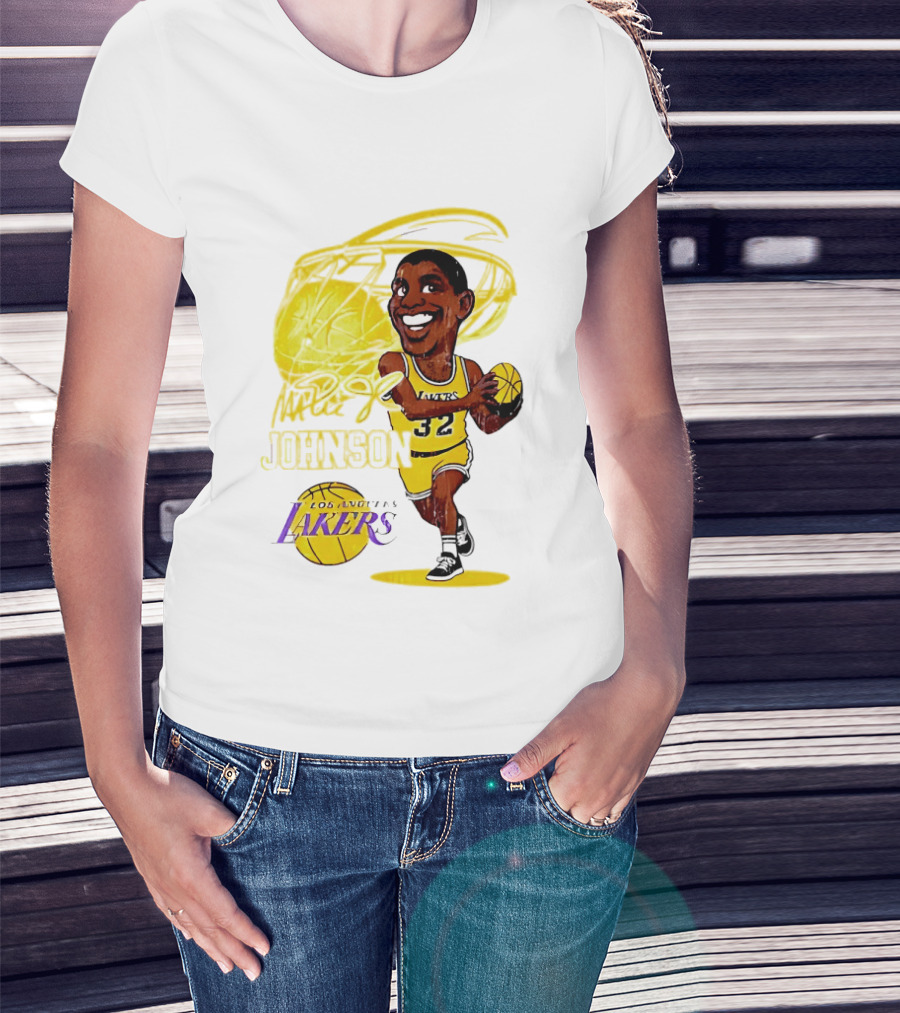 Magic Johnson 32 Los Angeles Lakers Basketball Caricature T-Shirt