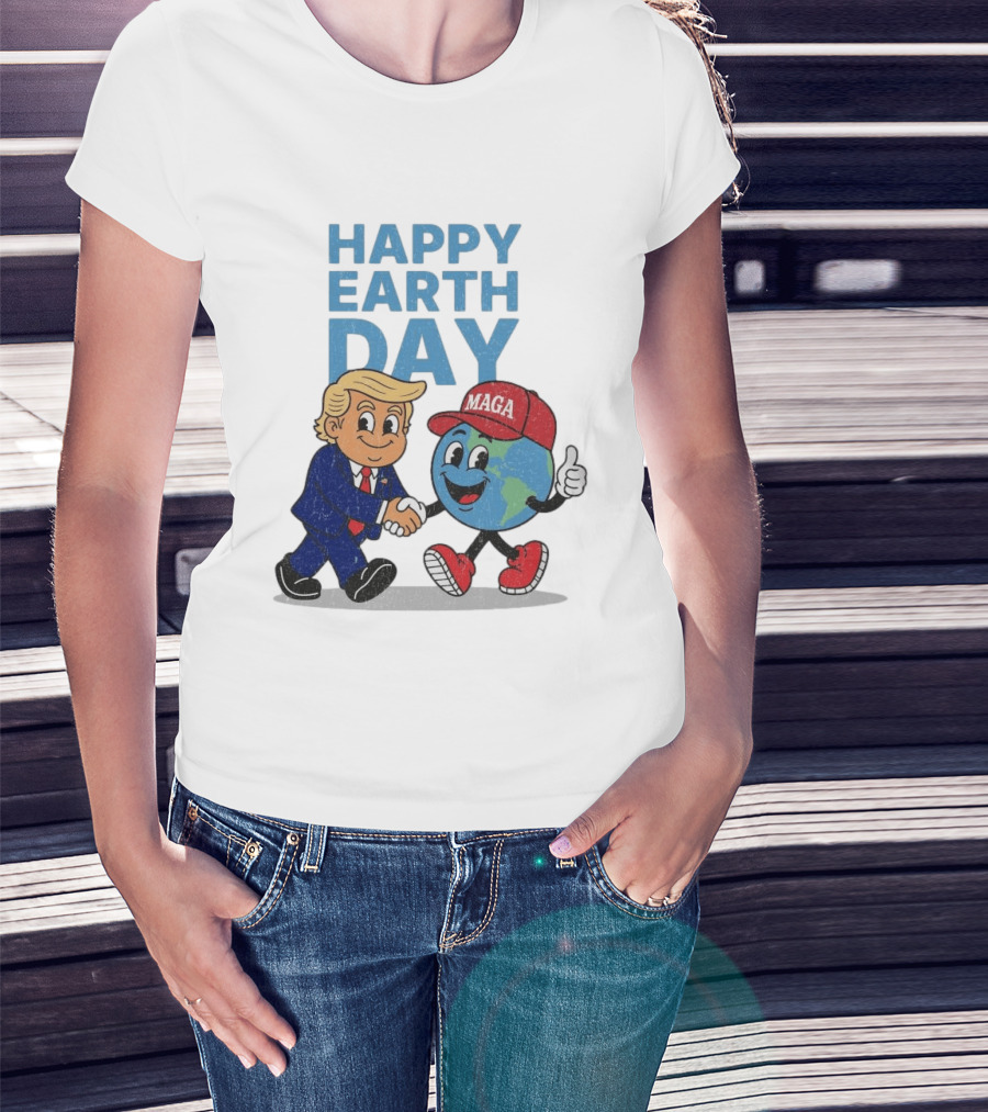 Happy Earth Day Trump MAGA Earth Cartoon Shaking Hands T-Shirt