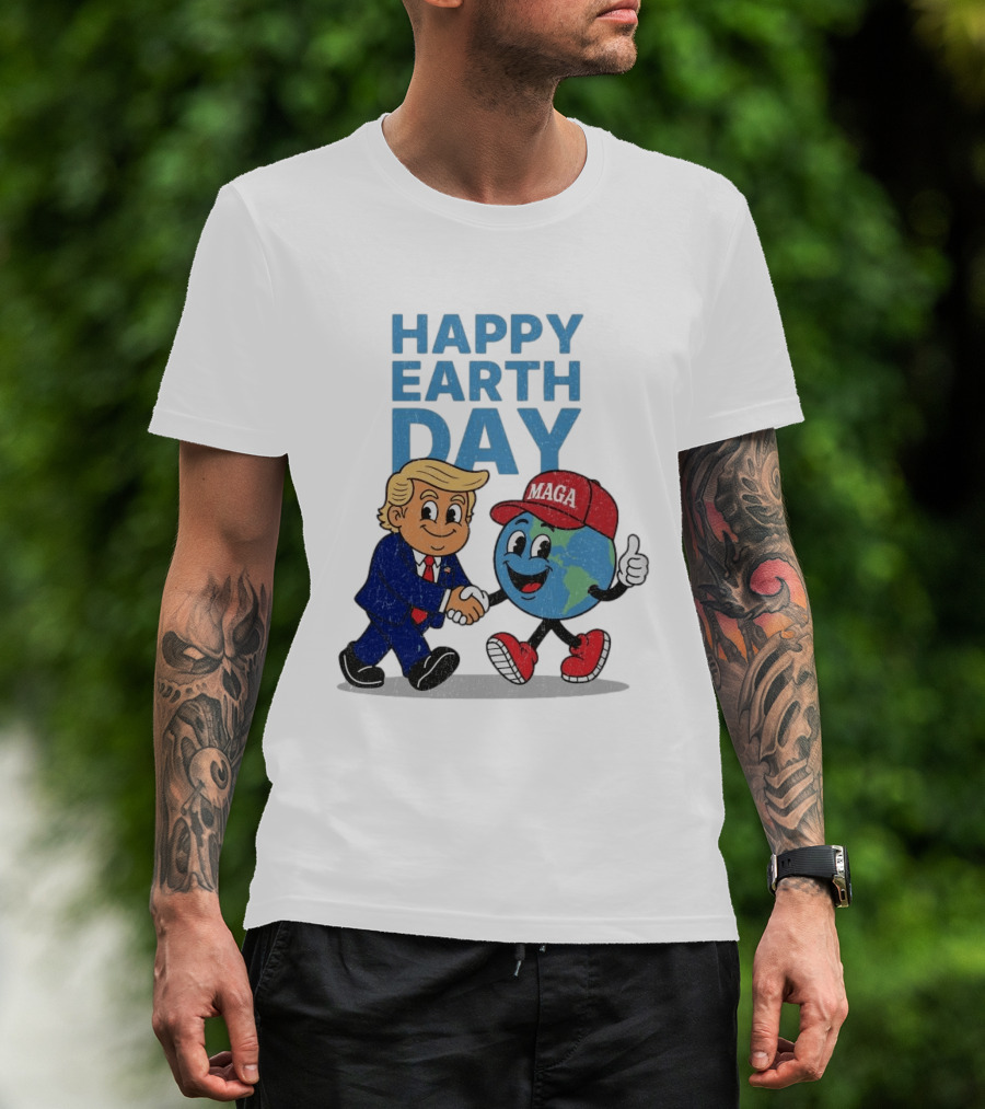 Happy Earth Day Trump MAGA Earth Cartoon Shaking Hands T-Shirt