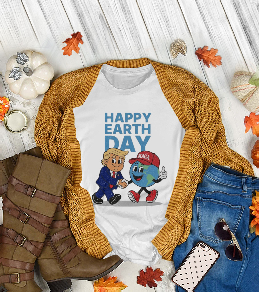 Happy Earth Day Trump MAGA Earth Cartoon Shaking Hands T-Shirt