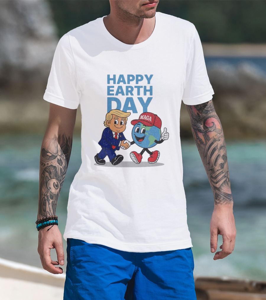 Happy Earth Day Trump MAGA Earth Cartoon Shaking Hands T-Shirt