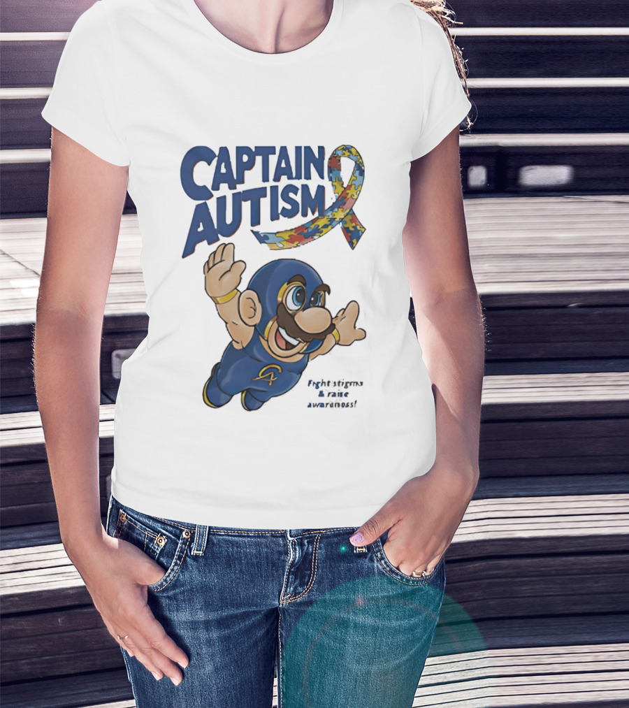 Captain Autism Super Mario Puzzle Ribbon Flying Awareness T-Shirt