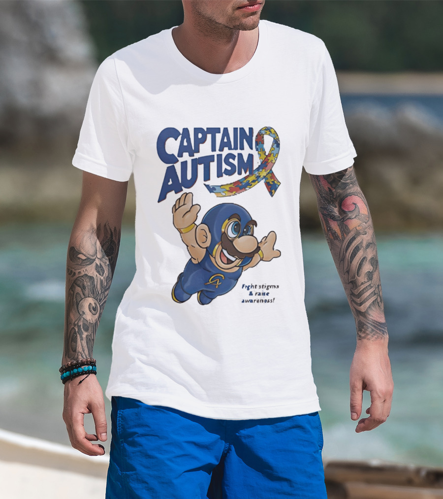 Captain Autism Super Mario Puzzle Ribbon Flying Awareness T-Shirt