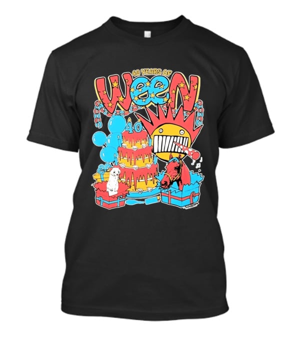 40 Years Of Ween Celebration Cake Balloons Dog Horse Black Sun Mask T-Shirt