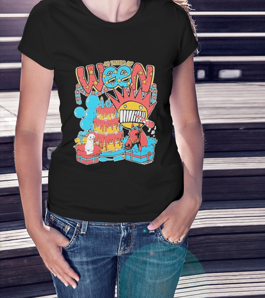 40 Years Of Ween Celebration Cake Balloons Dog Horse Black Sun Mask T-Shirt
