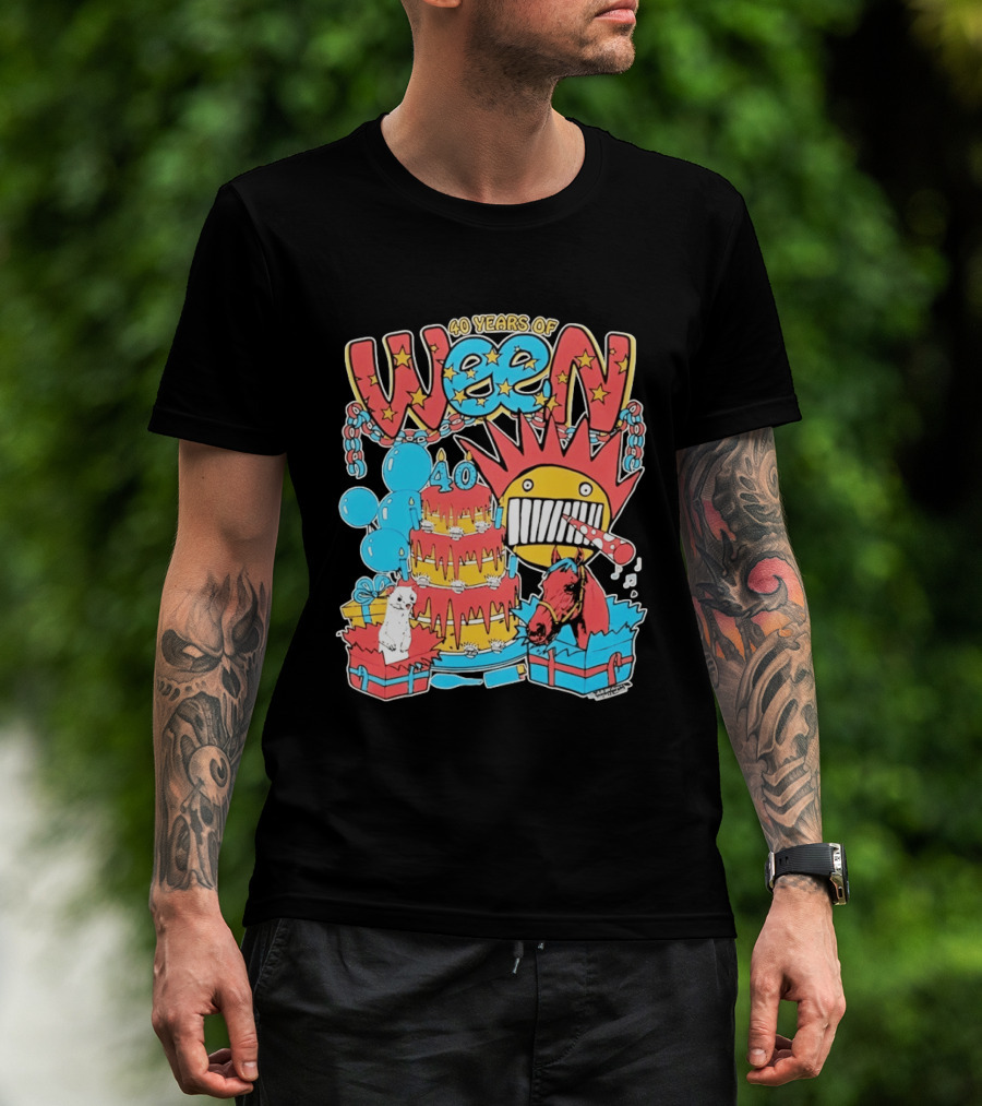40 Years Of Ween Celebration Cake Balloons Dog Horse Black Sun Mask T-Shirt