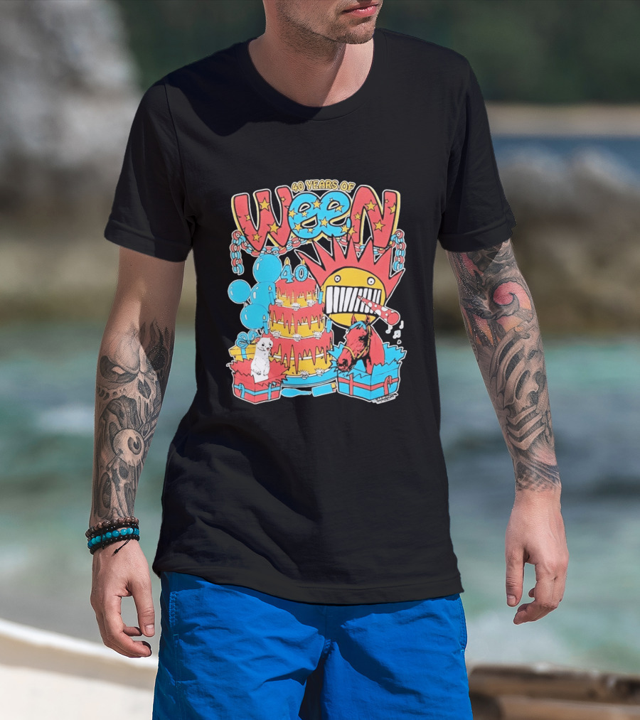 40 Years Of Ween Celebration Cake Balloons Dog Horse Black Sun Mask T-Shirt