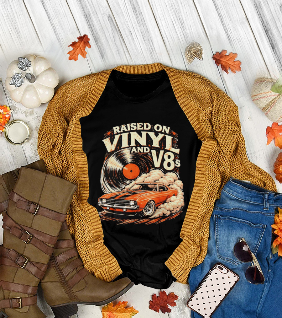 Raised on Vinyl and V8s Car Music Classic Muscle Car and Record T-Shirt