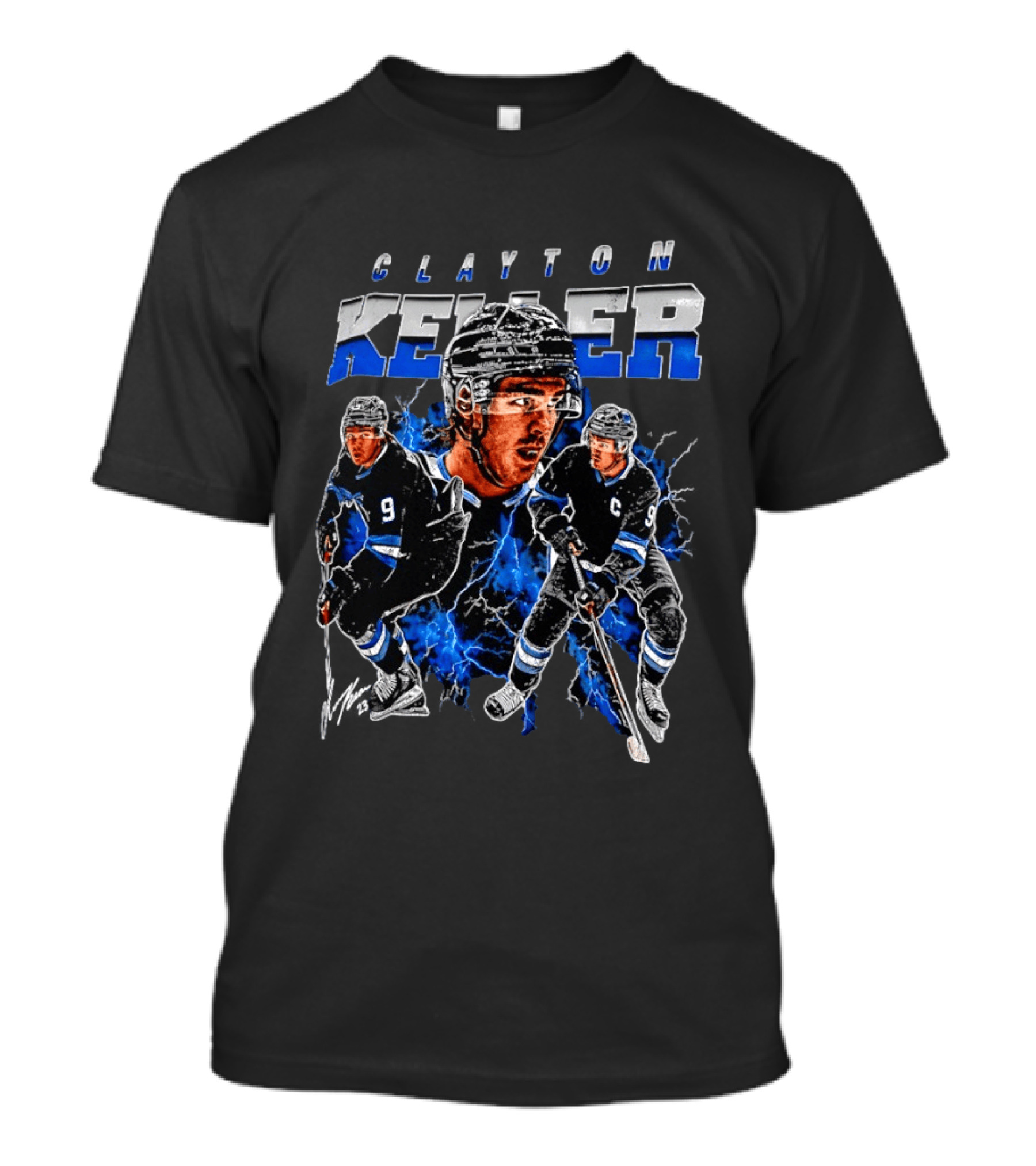 Clayton Keller 9 Utah Mammoth Ice Hockey Player Blue Lightning T-Shirt