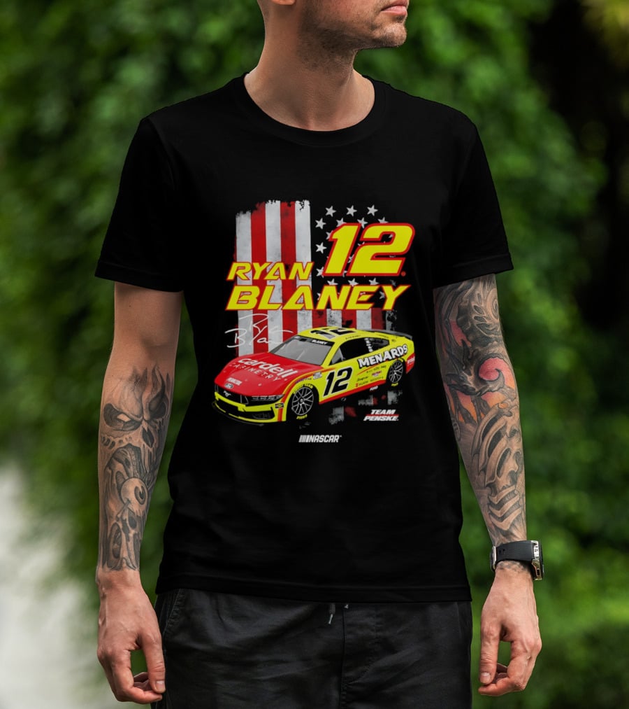 Ryan Blaney 12 Team Penske NASCAR American Flag Racing Car T-Shirt