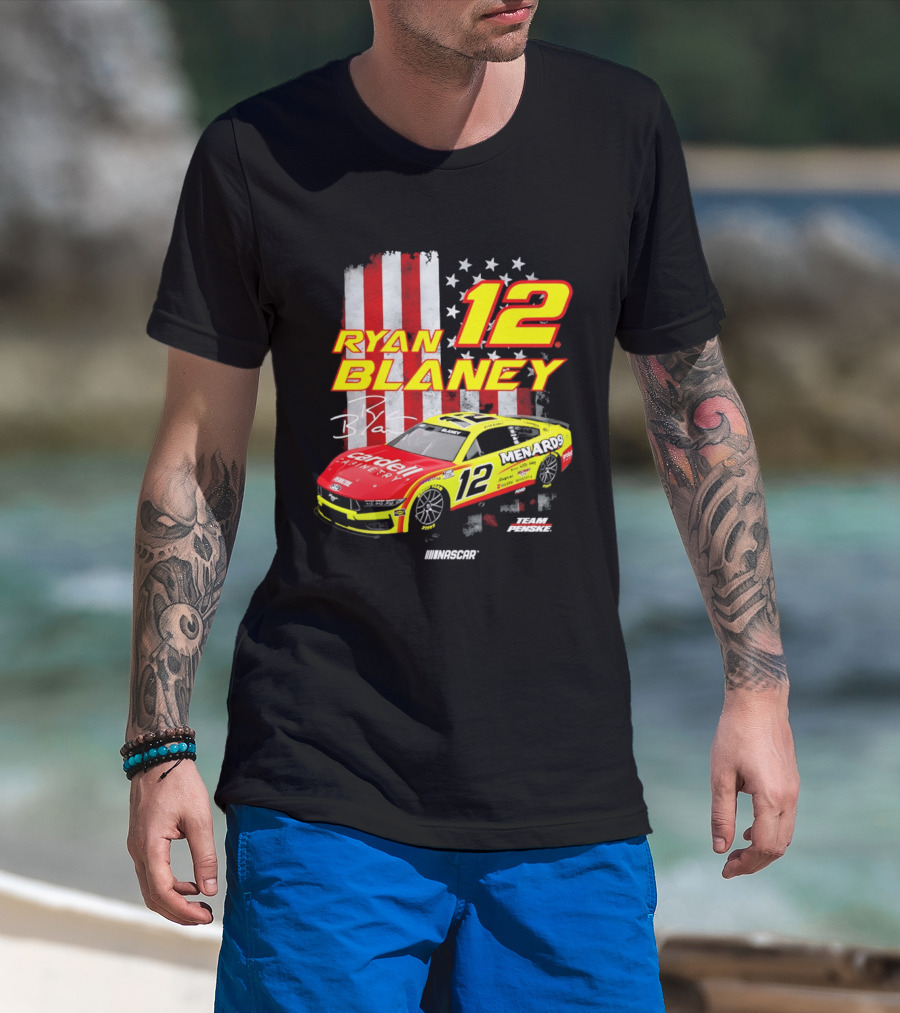 Ryan Blaney 12 Team Penske NASCAR American Flag Racing Car T-Shirt