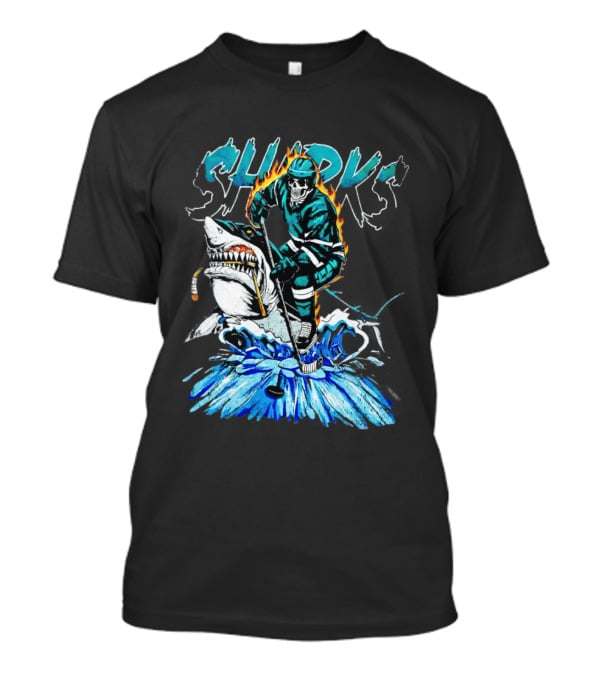 San Jose Sharks 90s Hockey Skull Flames Ice Shark Rider T-Shirt