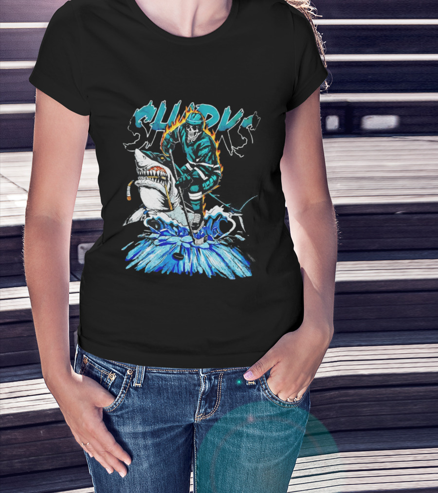San Jose Sharks 90s Hockey Skull Flames Ice Shark Rider T-Shirt