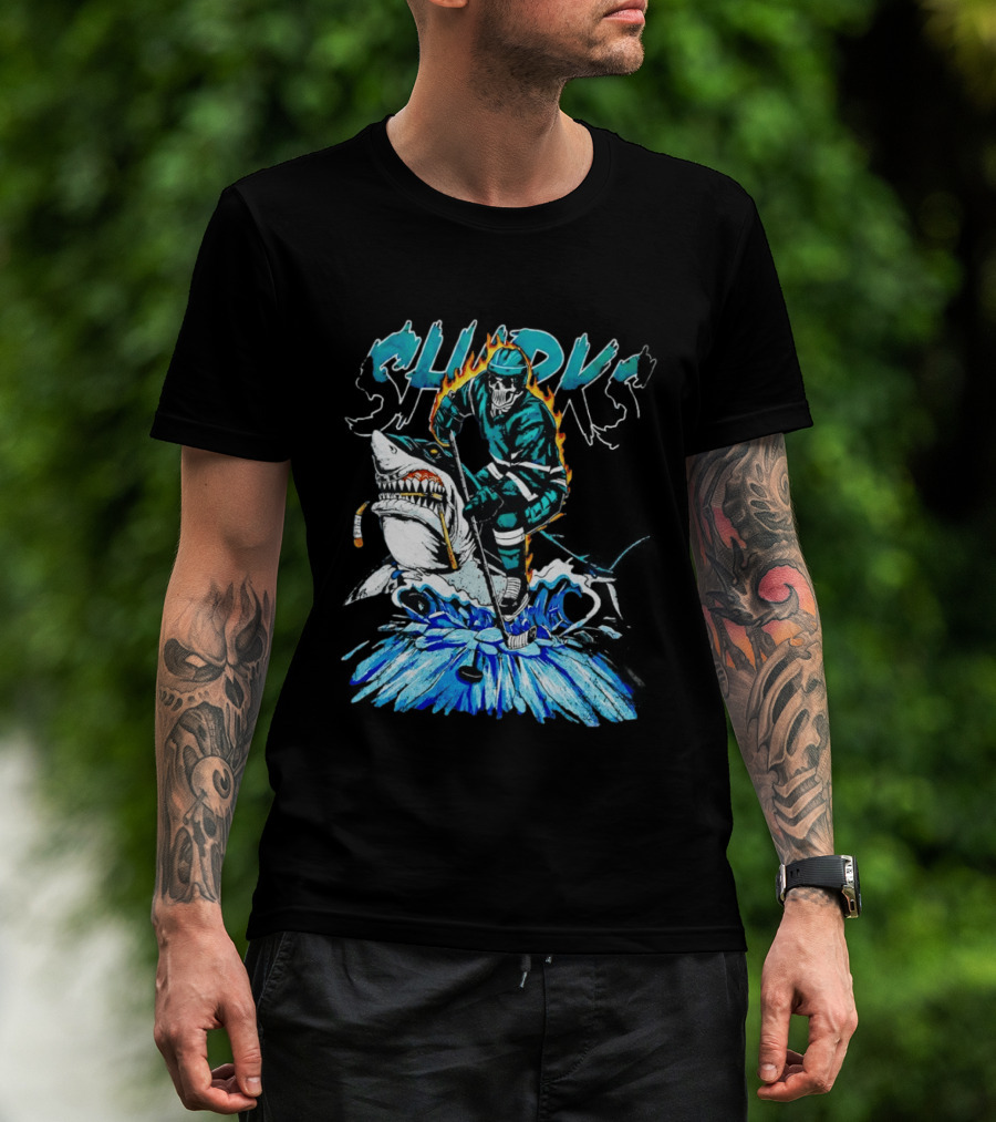San Jose Sharks 90s Hockey Skull Flames Ice Shark Rider T-Shirt