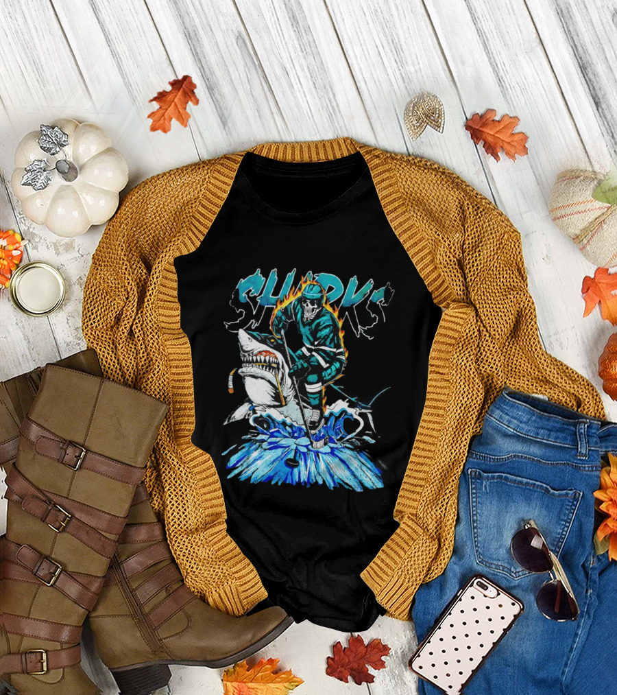 San Jose Sharks 90s Hockey Skull Flames Ice Shark Rider T-Shirt